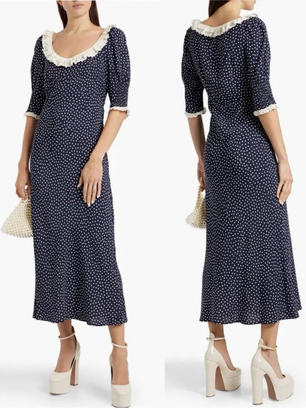 Rixo Juliette Lace Trimmed Polka Dot Midi Dress XXL Retro Luxury Chic